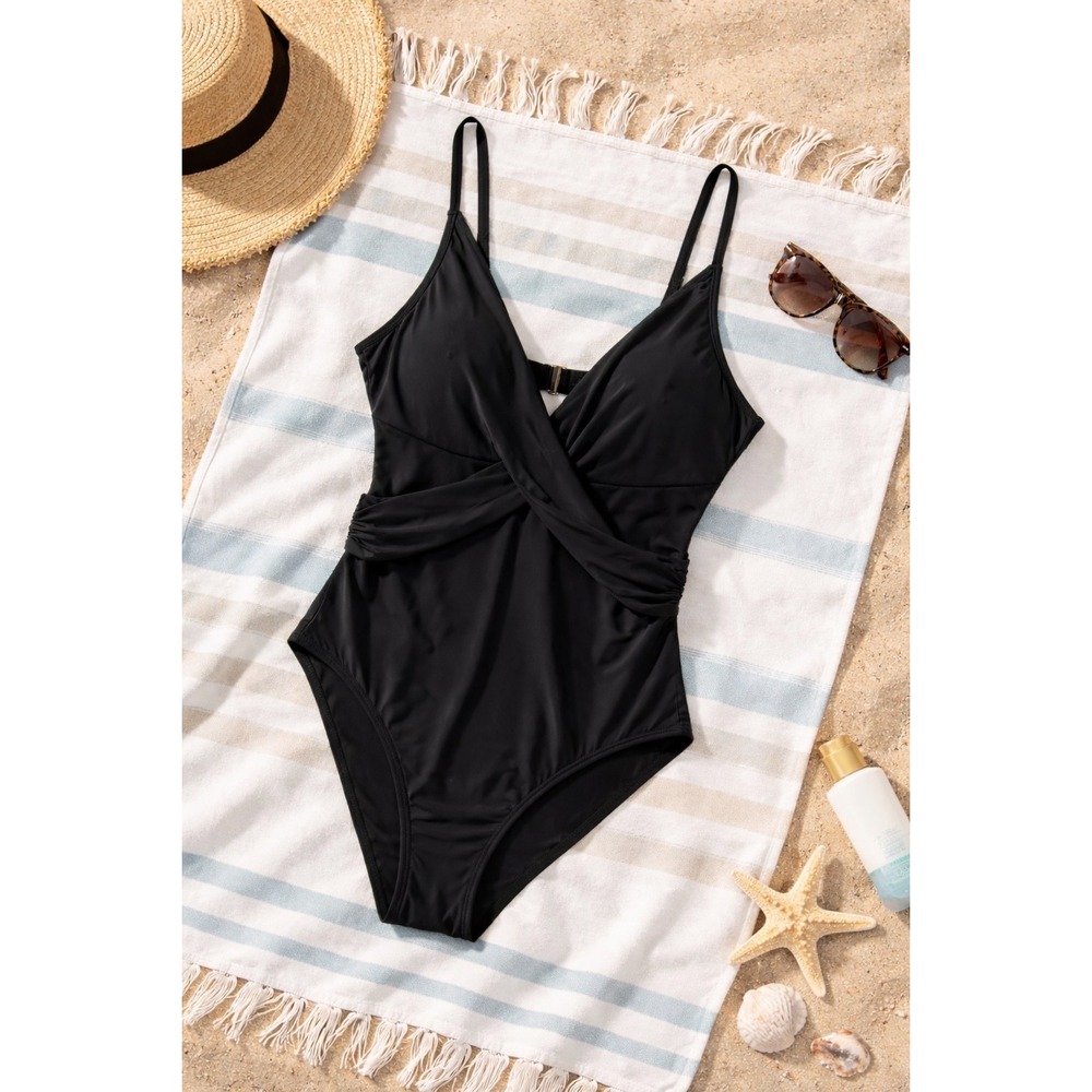 Cupshe Black Wrap One Piece Swimsuit XL Tummy Control V Neck Flattering Swim NWT